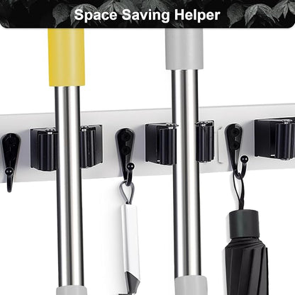 Broom Holder Wall Mount With 5 Slots & 4 Hooks，Rustic Wood Broom & Mop Hanger，Wall Mounted Garden & Garage Tool Storage Organizer Rack for Closet Laundry Room or Kitchen Wall Decor White
