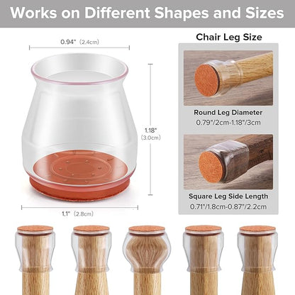 24PCS Upgraded Silicone Chair Leg Floor Protectors for Hardwood Floors, Furniture Sliders for Chair Legs, Felt Bottom Furniture Pads, Anti-Slip Round&Square Cap Covers to Scratch and Reduce Noise