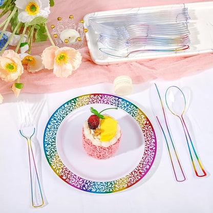 Supernal 120 PCS Clear Plastic Silverware Heavy Duty - Disposable Utensils Rainbow Colorful Silverware Set Include 40 Forks, 40 Knives and 40 Spoons for Trolls/Birthday Party, Baby Shower Decorations
