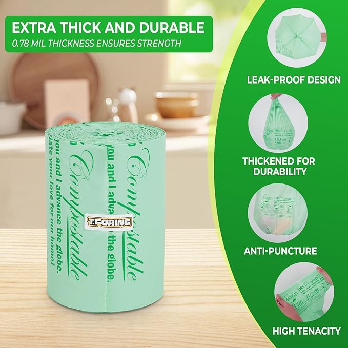 Compostable Trash Bags, 13 Gallon / 49.2 Liter, 45 Count, Extra Thick 0.9 Mil Tall Kitchen Food Scrap Bin Liners, Certified by BPI, CMA & OK compost HOME