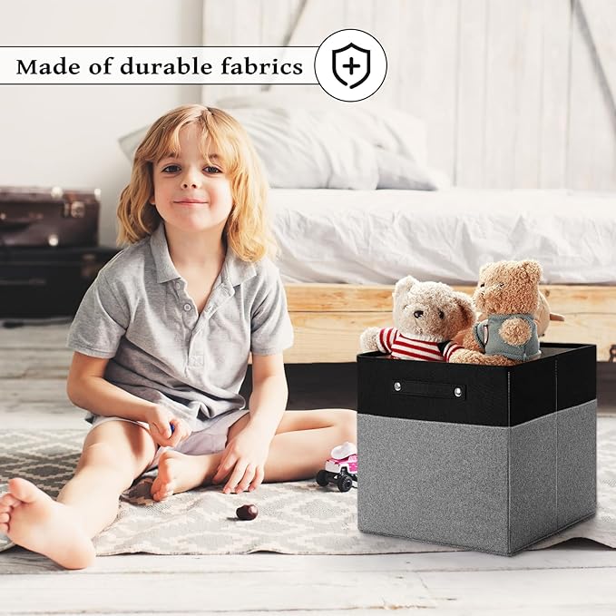 13 x 13 Inch Fine Linen Storage Bins with Handles，Fabric Cube Boxs，Collapsible Basket Organizers for Shelves for Home, Closet Drawers (Black/Gray-4 Pack)