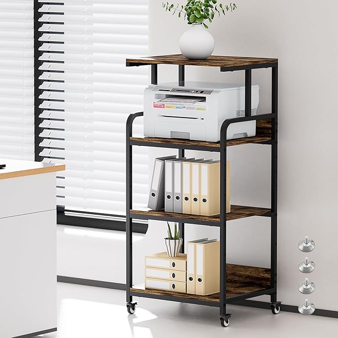4 Tier Printer Stand with Storage Shelf, Large Tall Printer Table for Home Office, Movable Printer Cart with Industrial Wheels for Paper Shredder Scanner Fax Heat Press Small Space (Rustic Brown)