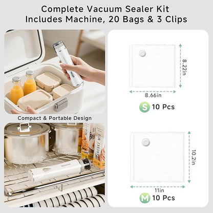 Compact Vacuum Sealer for Food (Vacuum Sealer Machine + 20 Reusable Vacuum Bags), Powerful Handheld Vacuum Sealer Machine, Seal Food 6X Fresh Longer, Portable & Wireless, Easy-Clean