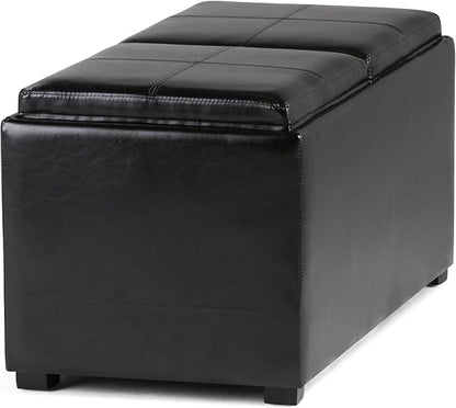 SIMPLIHOME Avalon 35 inch Wide Contemporary Rectangle 5 Pc Storage Ottoman in Midnight Black Vegan Faux Leather, Assembled, for the Living Room, Entryway and Family Room