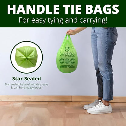 Simply Bio 1.6 Gallon Compostable Trash Bags Liners Handle, Heavy Duty Extra Thick 0.6 Mil, 6.06 Liter, 50 Bags, Small Kitchen Food Scrap Waste Bag, ASTM D6400, US BPI and OK Compost Home Certified