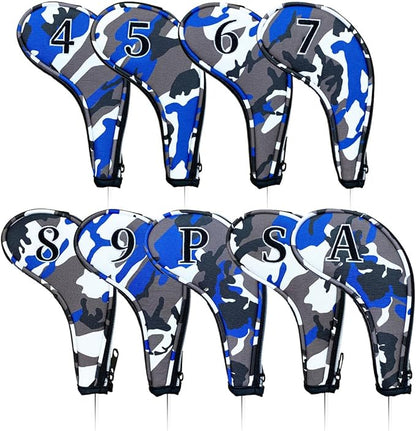 9pcs PU Leather Camouflage Blue Zipper Long Neck Design Golf Iron Headcovers Both Side Number Golf Iron Club Head Cover LH RH Covers #4-9,P,S,A