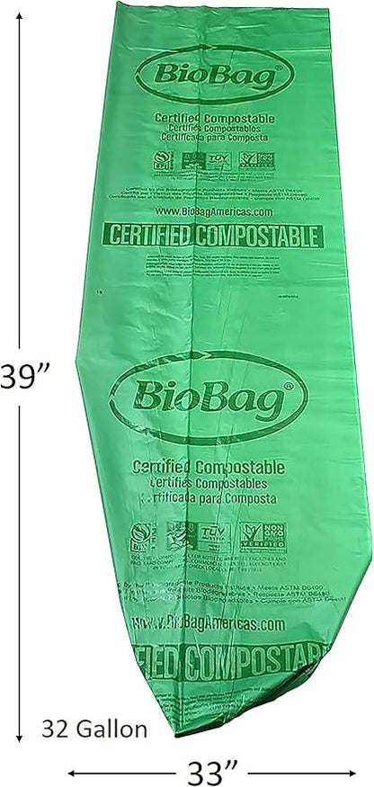 BioBag (USA) The Original Compostable Bag, 32 Gallon, 120 Count, 100% Certified Compostable Trash Bag Liners for Food Waste, Extra Strong and Durable, Trash Bag