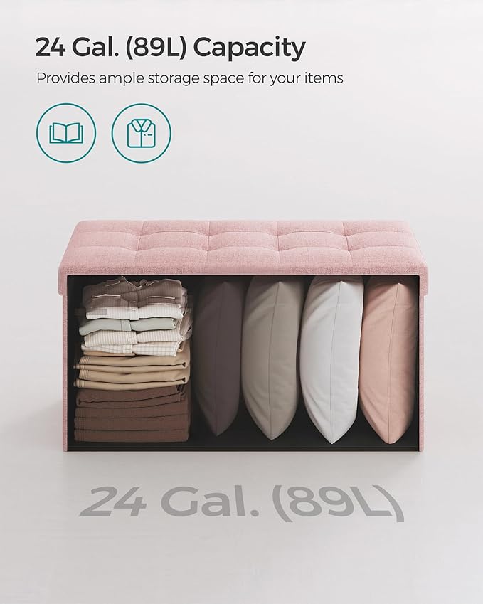 SONGMICS Mazie Collection - 30 Inches Folding Storage Ottoman Bench, Ottoman Foot Rest, End of Bed Bench, Storage Chest, Load 660 lb, for Living Room, Bedroom, Entryway, Jelly Pink ULSF047R11