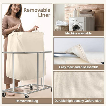 230L Rolling Laundry Hamper, 2-Section Laundry Basket with Wheels, 61 Gallons Laundry Sorter with Metal Structure and Removable Liner, Clothes Hamper for Laundry Room, Bathroom, Bedroom, Beige