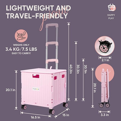 VUSIGN Folding Utility Cart, Foldable Rolling Crate Handcart with Lid, Portable Collapsible Shopping Trolley Tool Box, 4 Rotate Wheels for Grocery, Office, Travel, Teacher, Luggage, Pink