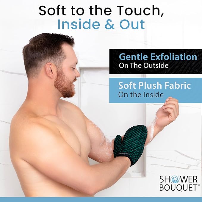 Japanese Exfoliating Mitt 2-Pack - Charcoal & Silver Ion Exfoliating Gloves for Shower - Soft Inner Fabric Gentle Exfoliation & Deep Cleansing Body Scrub Gloves for All Skin Types - 1 White, 1 Green