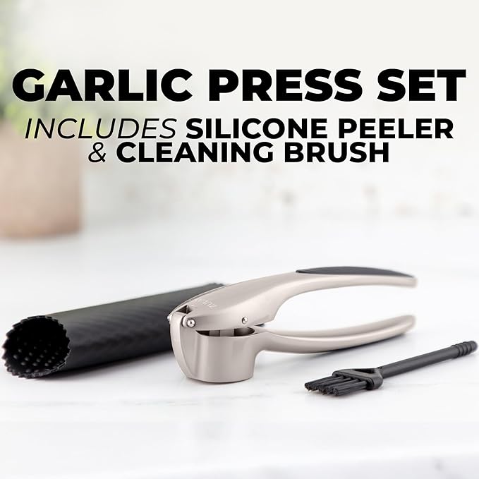 Zulay Kitchen Premium Garlic Press Set – Rust Proof & Dishwasher Safe Garlic Mincer Tool with Silicone Garlic Peeler & Brush, Easy Squeeze & Clean, Ergonomic Soft Grip Handle - Medium – Silver