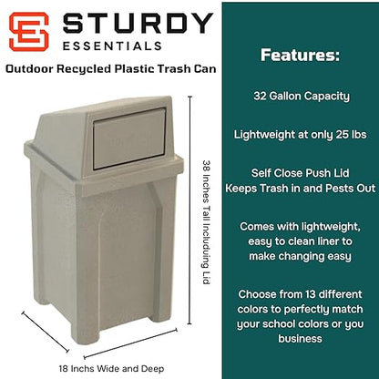32 Gallon Square 100% Recycled Plastic Heavy Duty Commercial Outdoor or Indoor Trash Can with Push Lid - Great for Schools and Businesses - Beige Granite