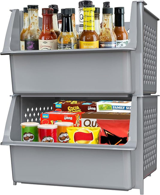 TidyFriend Plastic Stackable Storage Bins for Pantry, 2 Pack Stackable Bins for Organizing Food, Kitchen, and Bathroom Essentials (Grey)