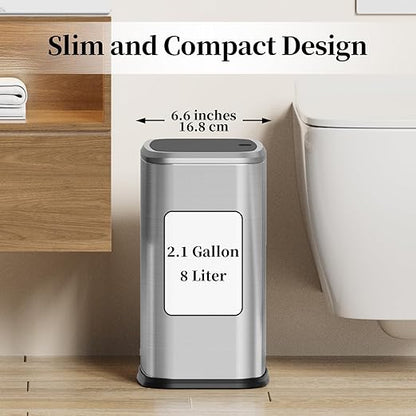 2.1 Gallon Bathroom Trash Can with Lid Press Top, 8 Liter Stainless Steel Garbage Can with Press Type Lid, Slim Trash Bin Waste Basket for Toilet, Office, Bedroom, Living Room (Silver)