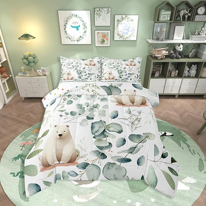 Erosebridal Boys Cartoon Animal Queen Comforter Set for Kids Toddler Kawaii Polar Bear Bedding Set Queen, Arctic Wildlife Bedding Comforter Sets White Green Duvet Set, Eucalyptus Quilted Comforter
