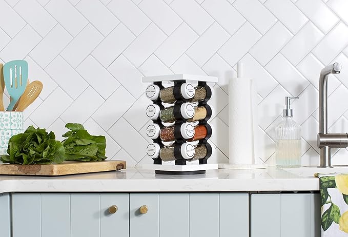 Orii Spice Rack 16 Jar Set White Filled with Spices - Rotating Standing Rack Shelf Holder & Countertop Spice Rack Tower Organizer for Kitchen Spices