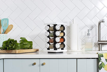 Orii Spice Rack 16 Jar Set White Filled with Spices - Rotating Standing Rack Shelf Holder & Countertop Spice Rack Tower Organizer for Kitchen Spices