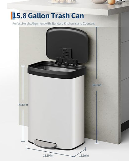 16 Gallon (60 l) Trash Can, Stainless Steel Kitchen Garbage Can, Recycling or Waste Bin with Liner Rim, Rear Handle, Soft Close Plastic Lid Step-on Pedal, Removable Inner Bucket