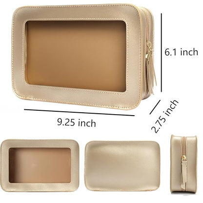LETGO Clear Makeup Bags, TSA Approved Toiletry Bag with Zipper, Clear Makeup Organizer Fit Carry-on Travel Essentials,Clear Cosmetic Bags for Women Men (C-Gold)