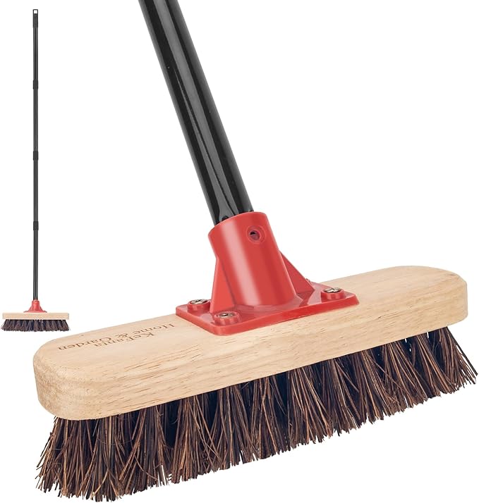 Deck Brush with Long Handle, 52'' Palmyra Bristle Scrub Broom for Boat, Patio, Garage, Concrete, Shower, Bathroom Cleaning, Outdoor Floor Scrubber