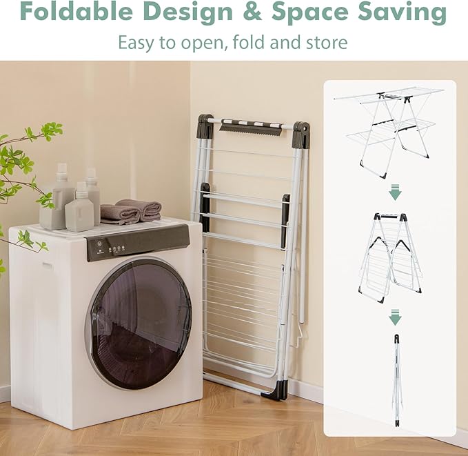 Giantex Clothes Drying Rack, 2-Layer Stainless Steel Foldable Laundry Drying Rack with 6-Level Adjustable Height, Useful Clips, Space Saving Freestanding Folding Collapsible Laundry Drying
