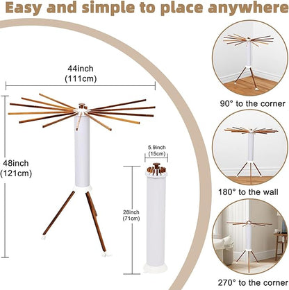Portable Teak Tripod Clothes Drying Rack, Foldable Space-Saving Design, 16 Waterproof Teak Wood Drying Rods