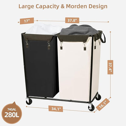 STORAGE MANIAC Commercial Laundry Hamper with Heavy Duty Steel Frame, 74 Gal. Industrial Laundry Basket Cart with Wheels for Hotel, Home, Laundry Room, Big Large Clothes Sorter, 2 Section Beige/Black