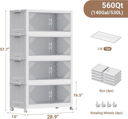 140Gal Plastic Stackable Storage Bins with Lid, 560QT Extra Large Closet Organizers Collapsible Cabinets Boxes with Drawers, Foldable Containers with 4X Wheels for Home Kitchen, V60 4Pack White