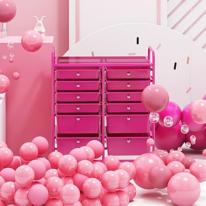 GOFLAME 12-Drawer Rolling Storage Cart, Multipurpose Organizer Cart with 2 Sizes Plastic Drawers, Mobile Utility Cart with Lockable Casters for School, Home Office, Beauty Salon, Hot Pink