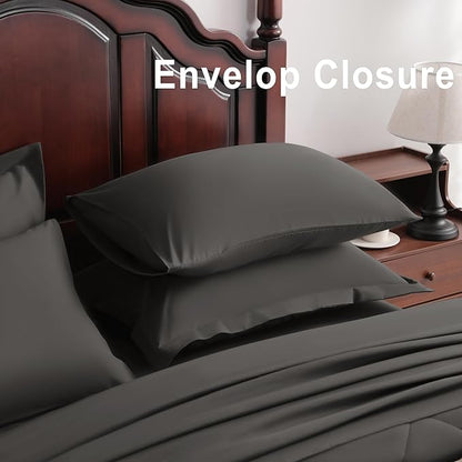 NTBAY Queen Comforter Set with Sheets, 7 Pieces Soft and Breathable Queen Bedding Set, Bed in a Bag, Down Alternative Comforter Set Solid Color All Season, Queen Bedding Set, Dark Grey
