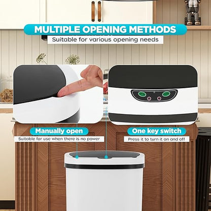 Automatic Motion Sensor Bathroom Trash Can with Lid, 13 Gallon Touchless Trash Bin, Smart Dog Proof Garbage Can, Touch Free Waste Basket for Toilet, Office, Bedroom,White,2
