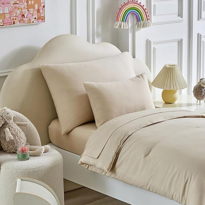 Toddler Bedding Set - 5 Piece Soft and Breathable Toddler Bed Set for Boys and Girls, Includes Quilted Comforter, Fitted Sheet, Flat Top Sheet, Standard Pillowcase and Toddler Pillowcase, Cream Beige