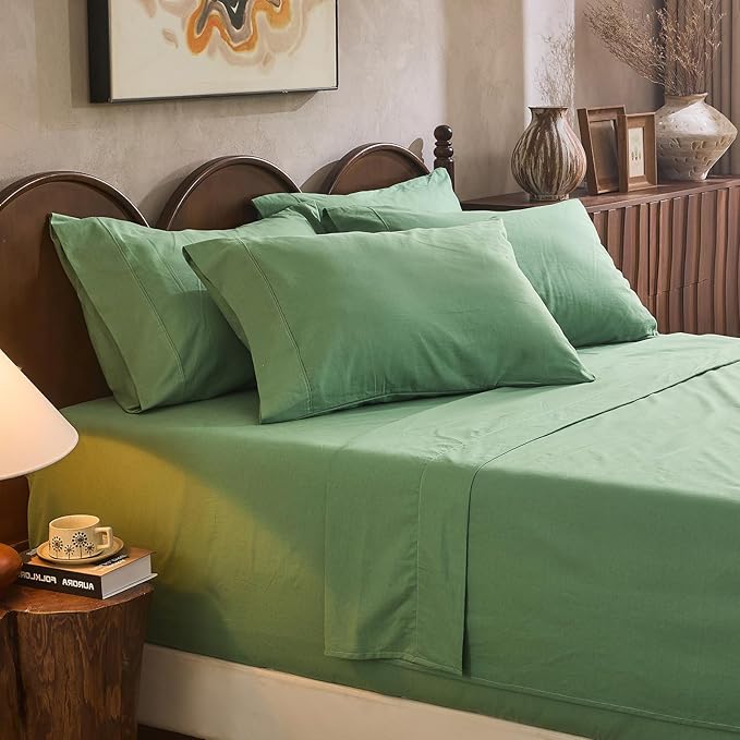 100% Linen Sheet Set Queen Size Extra Deep Pocket Fits 18-24 Inch Mattress, Breathable & Soft, Smooth 6-Piece Set for Thick Mattresses Hotel Luxury Bedding（Queen, Sage Green）