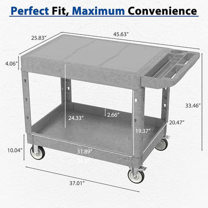 Heavy Duty Flat Top Utility Cart with Wheels 2-Tier Utility Plastic Service Work Cart for Shop, Garage, Warehouse, Maintenance 550 lbs