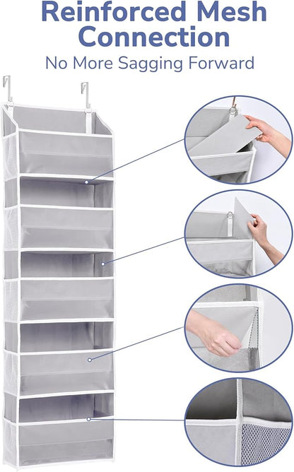 ULG 1 Pack Over Door Organizer with 5 Large Pockets 10 Mesh Side Pockets, 44 lbs Weight Capacity Hanging Storage Organizer with Clear Window for Kids Toys, Shoes, Diapers, Grey, 5 Layer
