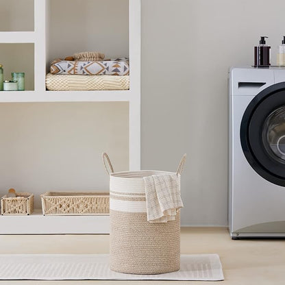 VIPOSCO Tall Laundry Hamper, Woven Rope Storage Basket for Blanket, Toys, Dirty Clothes in Living Room, Bathroom, Bedroom - 30L Brown & White