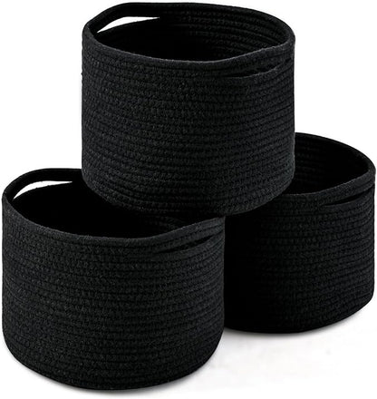 Small Black Baskets for Organizing, Storage Baskets for Shelves, Small Woven Basket for Storage, Cute Basket for Gifts, Mini Cotton Rope Baskets, 9.7"×9.7"×7" (3 Packs) Black