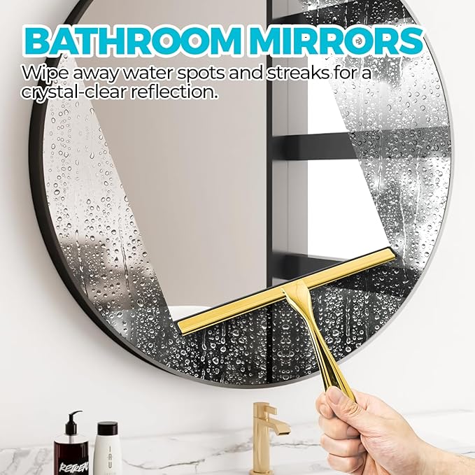 2PACK 10-Inch Golden All-Purpose Shower Squeegee for Shower Doors, Bath Linen Sets, Tile Shower Walls, Bathroom, Window, Glass and Car Windshield, Mirrors and Kitchen-Stainless Steel