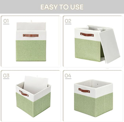 HNZIGE Fabric Storage Cubes for Shelves Set of 4 ,Storage Cubes Baskets 12 x12, Decorative Storage Bins Basket with Handles, Green Baskets for Organizing Home Nursery(Green White)