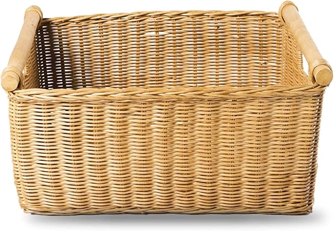 The Basket Lady Pole Handle Wicker Storage Basket, Small, 14 in L x 10 in W x 7.5 in H, Sandstone