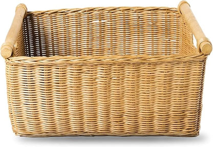 The Basket Lady Pole Handle Wicker Storage Basket, Large, 18 in L x 14.5 in W x 9 in H, Sandstone