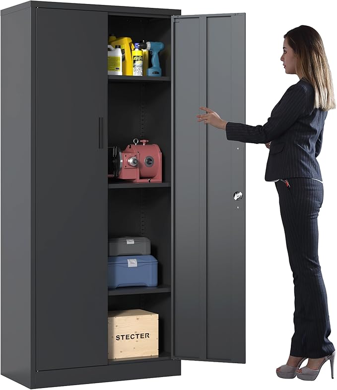 Metal Storage Cabinet with Adjustable Shelves, Garage Tool Cabinet with 2 Lockable Doors for Office, Home, Garage, Require Assembly, Black