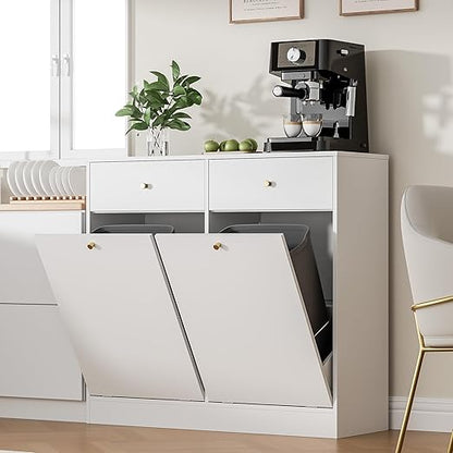 Double Tilt Out Trash Can Cabinet with 2 Drawers, Trash Storage Cabinet, Hidden Garbage Bin, Free Standing Laundry Sorter Organizer for Kitchen Dining Living Room, Bathroom, White