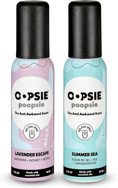 Oopsie Poopsie Pre GO toilet spray, discreet & portable original Pre-poo spray to use on the go. Assorted scents Lavender Scape/Summer Sea Toilet Odor Eliminator 2oz bottle Gift Set 2 pack