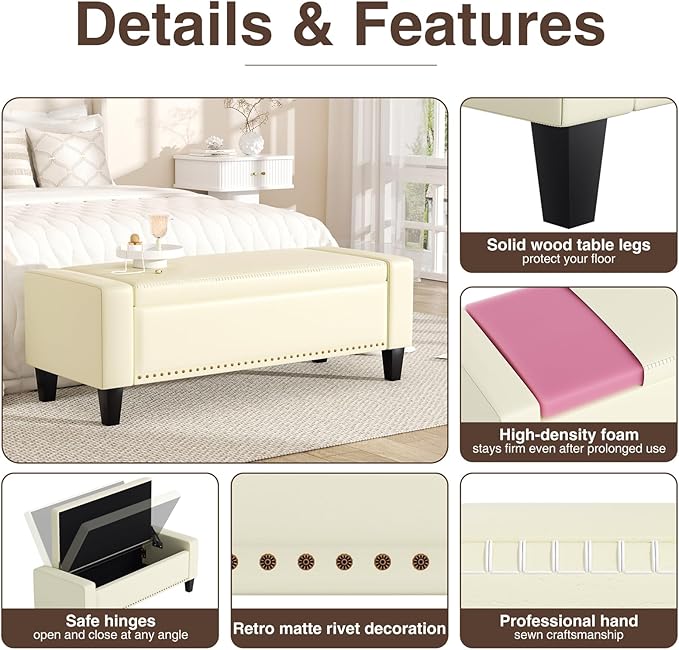 48.8" Storage Ottoman Bench Cream White | Faux Leather Bedroom Bench with Lift Top for Living Room & Bed End