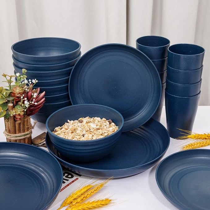 32PCS Blue Wheat Straw Dinnerware Sets