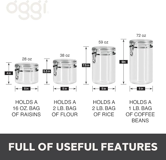Oggi 4pc Clear Canister Set with Clamp Lids Airtight Containers in Sizes Ideal for Kitchen & Pantry Storage of Bulk, Dry Foods Including Flour, Sugar, Coffee, Rice, Tea, Spices & Herbs