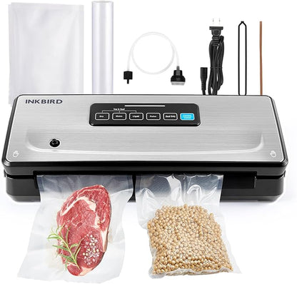 Food Vacuum Sealer Machine 10-In-1 with Bag Storage(Up to 20FT) and Cutter, INKBIRD Food Sealer Vacuum Sealer for Food with Moist/Dry/Canister 5 Food Modes, Starter Kits Bags*5 and Bag Roll*1, 85KPa