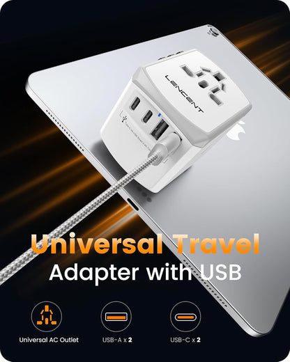 LENCENT Universal Travel Power Adapter, International AC Plug Adaptor with 2 USB C 2 USB A Ports Wall Charger Worldwide Travel Essentials for US to EU UK Ireland Australia (Type C/G/A/I), White